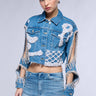 Front View Texas Bound Rhinestone Fringe Pearl Crop Denim Jacket With Cut Out Sleeve