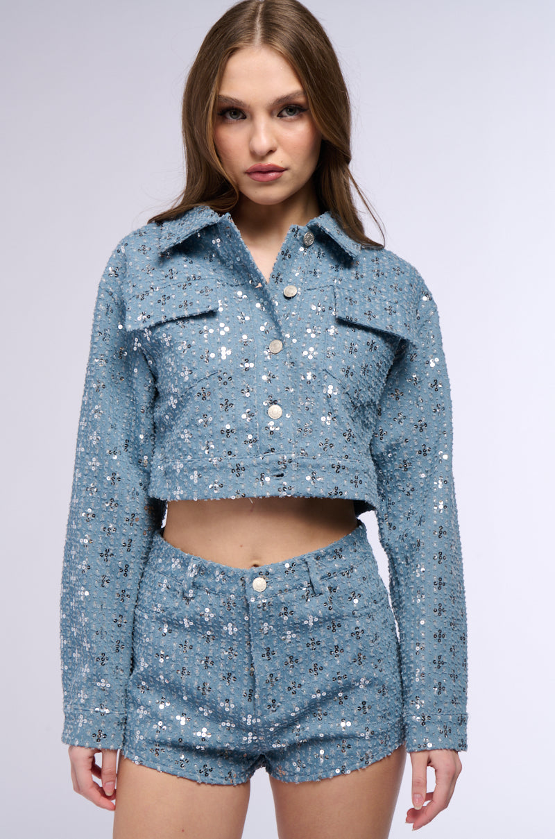 TEXTURED SEQUIN DENIM CROP JACKET view 0