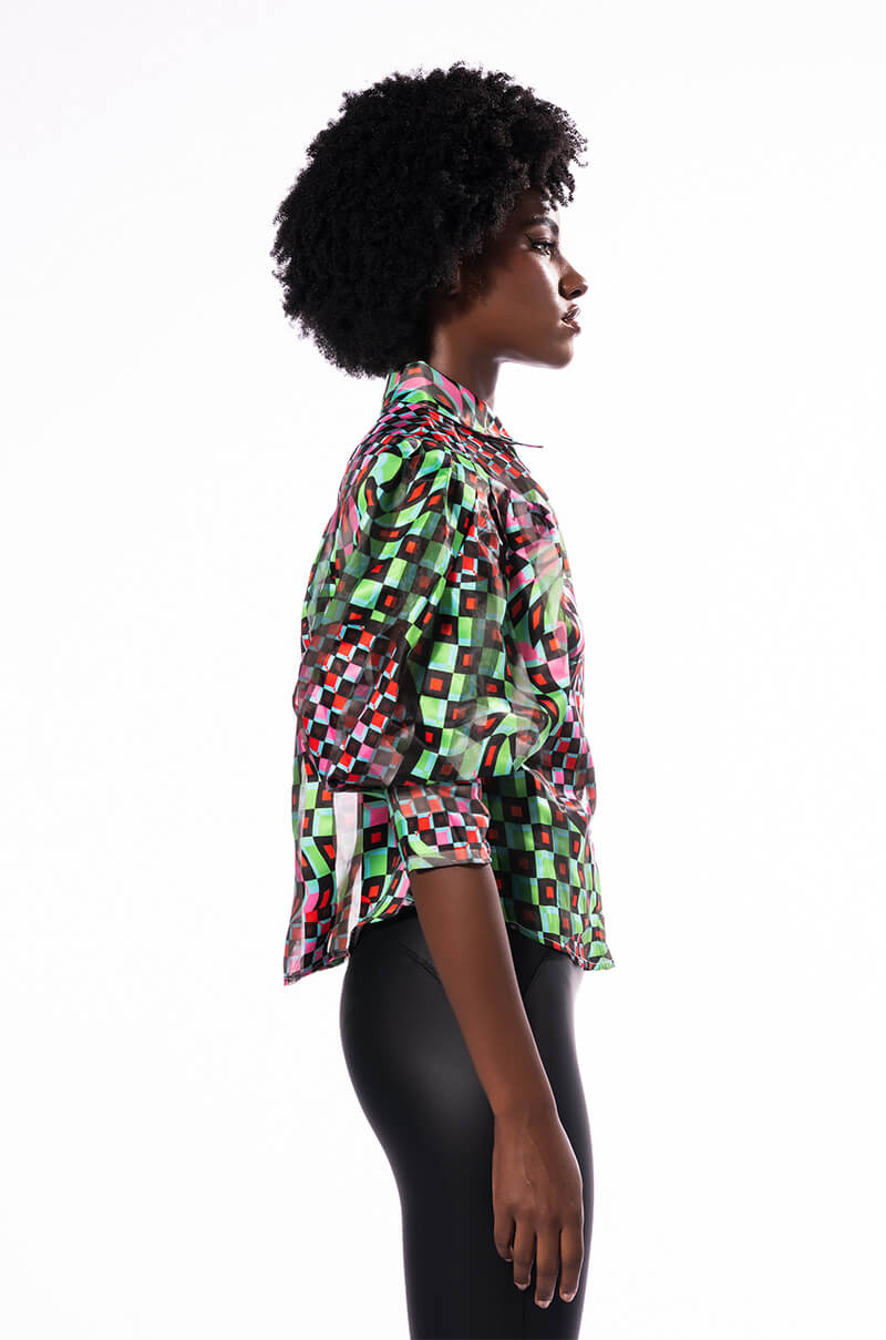 Detail View That Girl Is Poison Organza Button Down Blouse