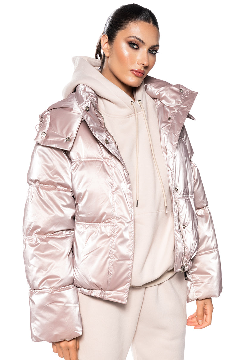 Side View That Glow Metallic Puffer Jacket In Pink