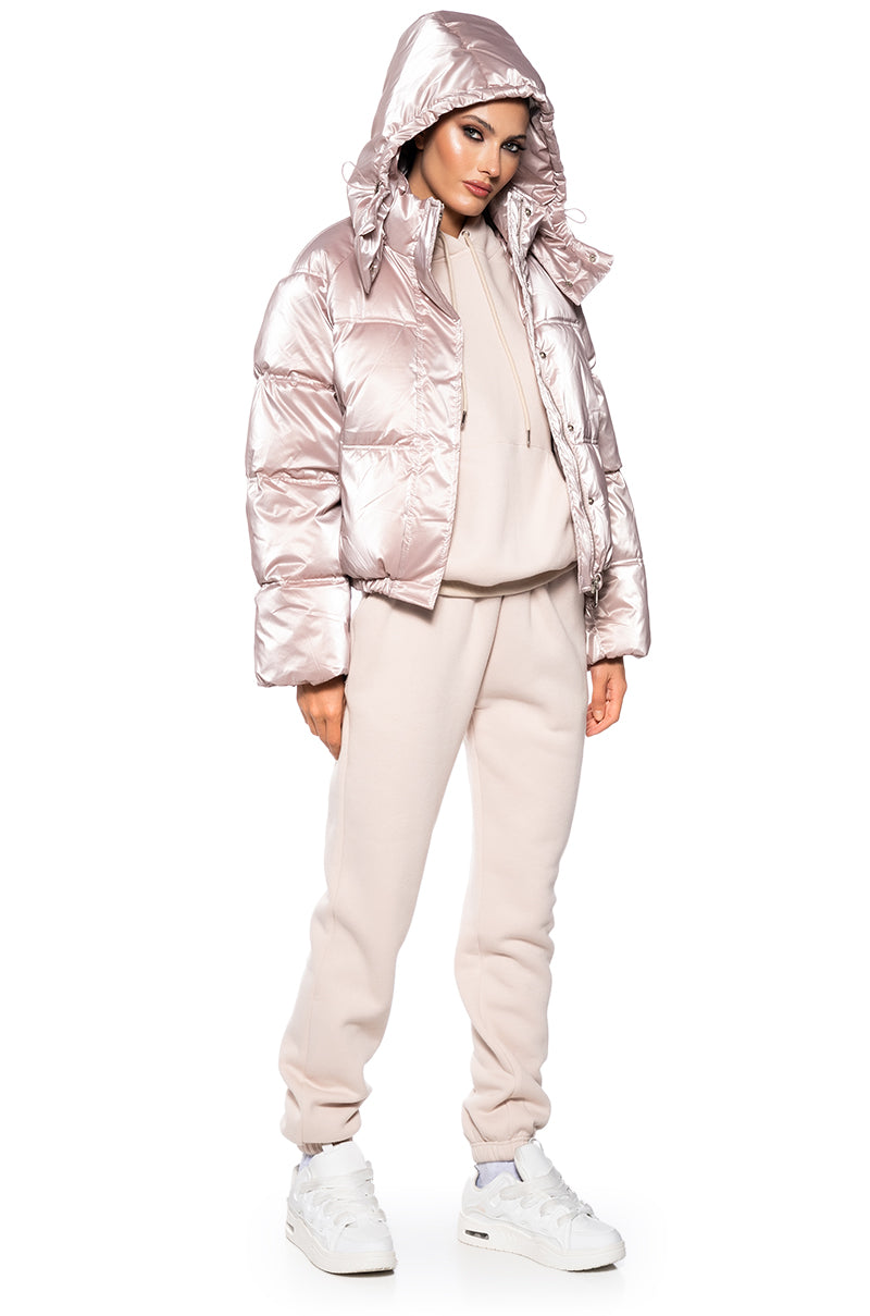 Detail View That Glow Metallic Puffer Jacket In Pink