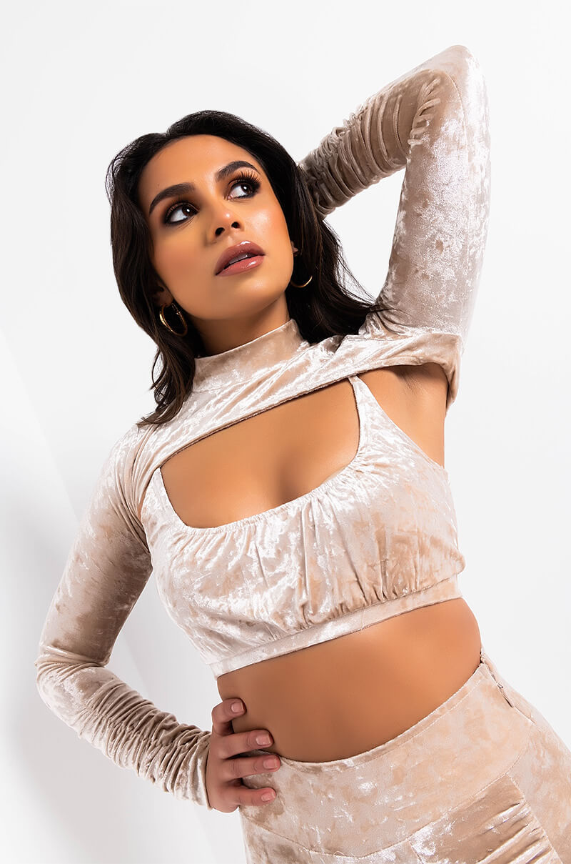 Front View The Beat Goes On Crushed Velvet Super Cropped Shrug in Beige