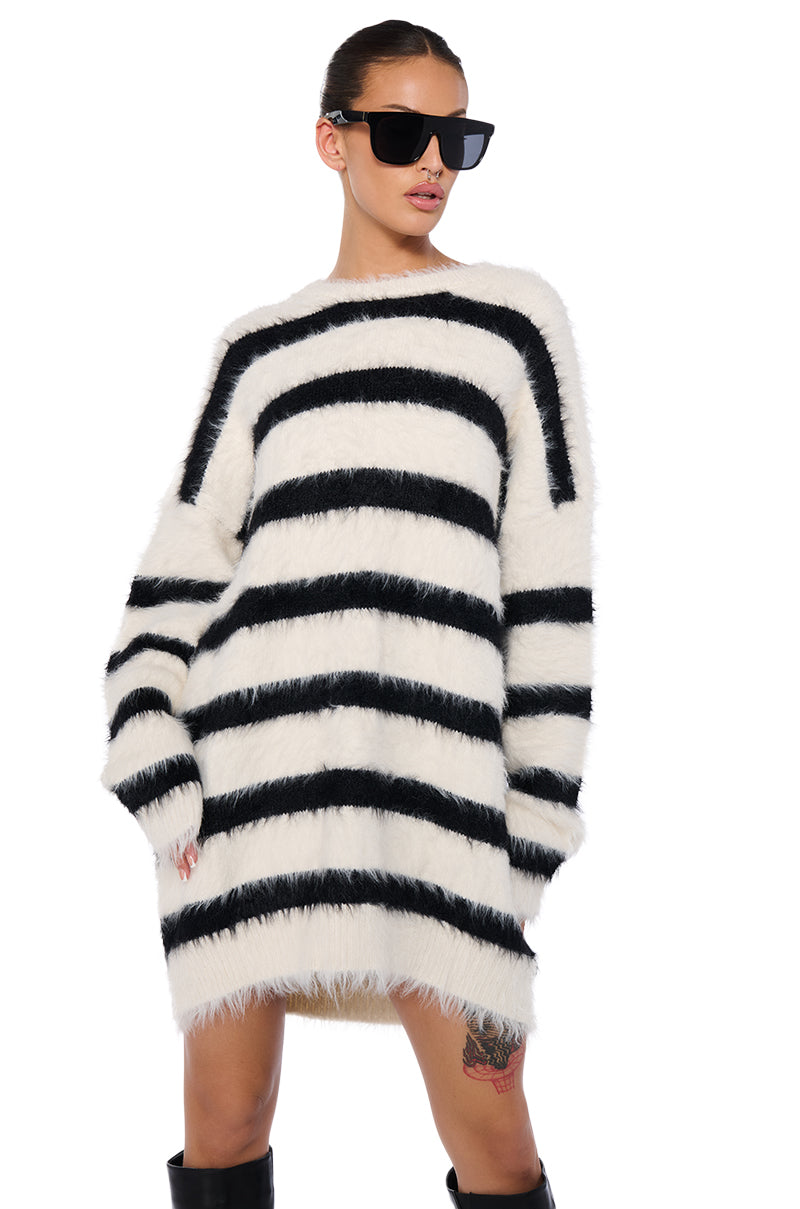 Front View The Best Time Fuzzy Oversized Striped Sweater