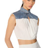 Front View The Blame Game Denim Detail Cap Sleeve Crop Blouse In White