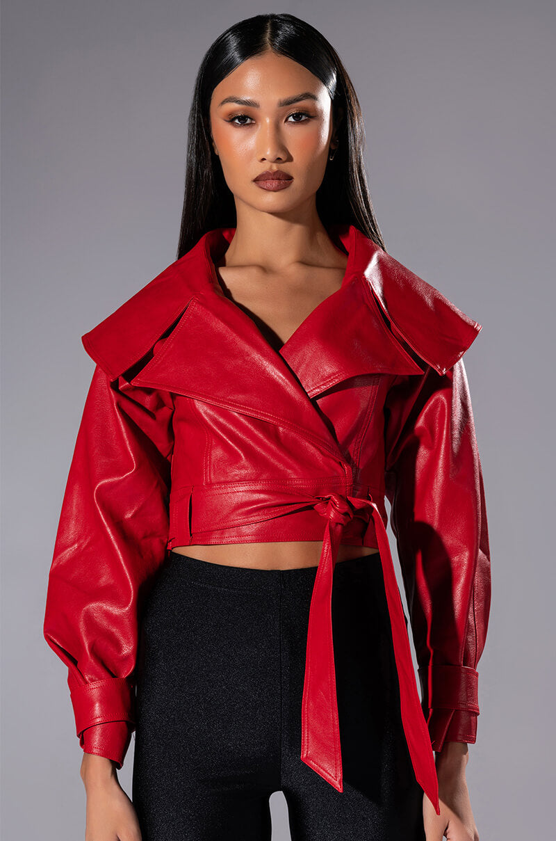 Front View The Drama Wide Collar Belted Crop Moto