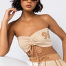 Front View The Heart Breaker Ruched Bandeau Top in Beige Multi