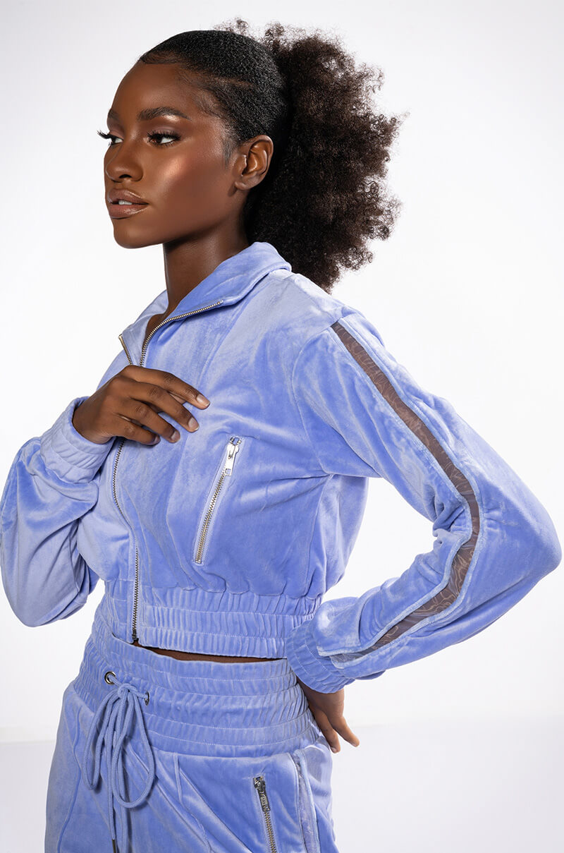 Front View The Jet Setter Velvet Cropped Sweatshirt