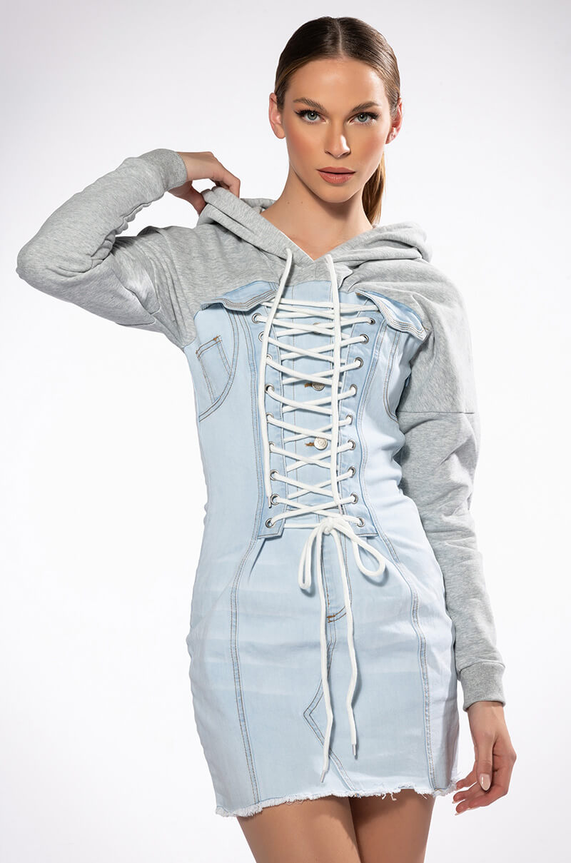 Front View The Last Word Lace Up Denim Hoodie Mini Dress 1