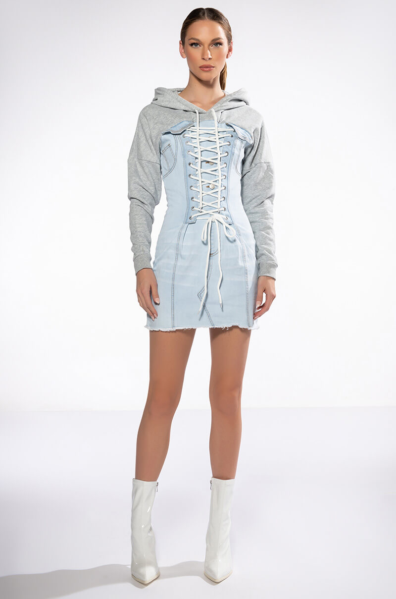 Side View The Last Word Lace Up Denim Hoodie Mini Dress 3