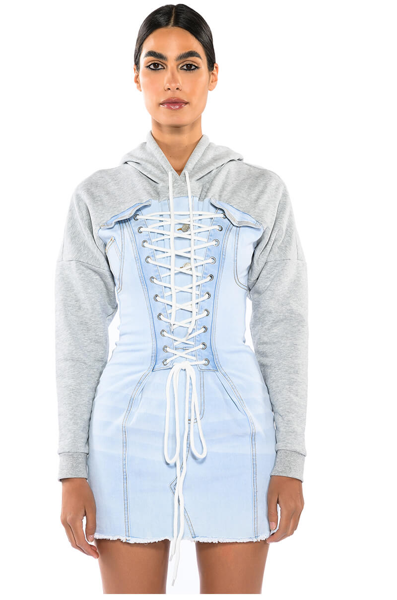 Side View The Last Word Lace Up Denim Hoodie Mini Dress 2