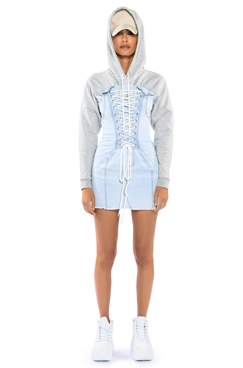 Back View The Last Word Lace Up Denim Hoodie Mini Dress view 5