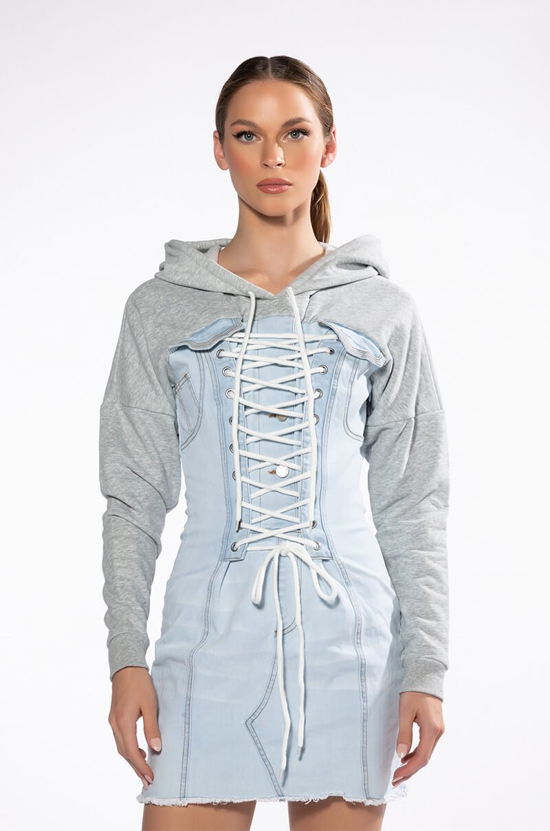 Back View The Last Word Lace Up Denim Hoodie Mini Dress 5