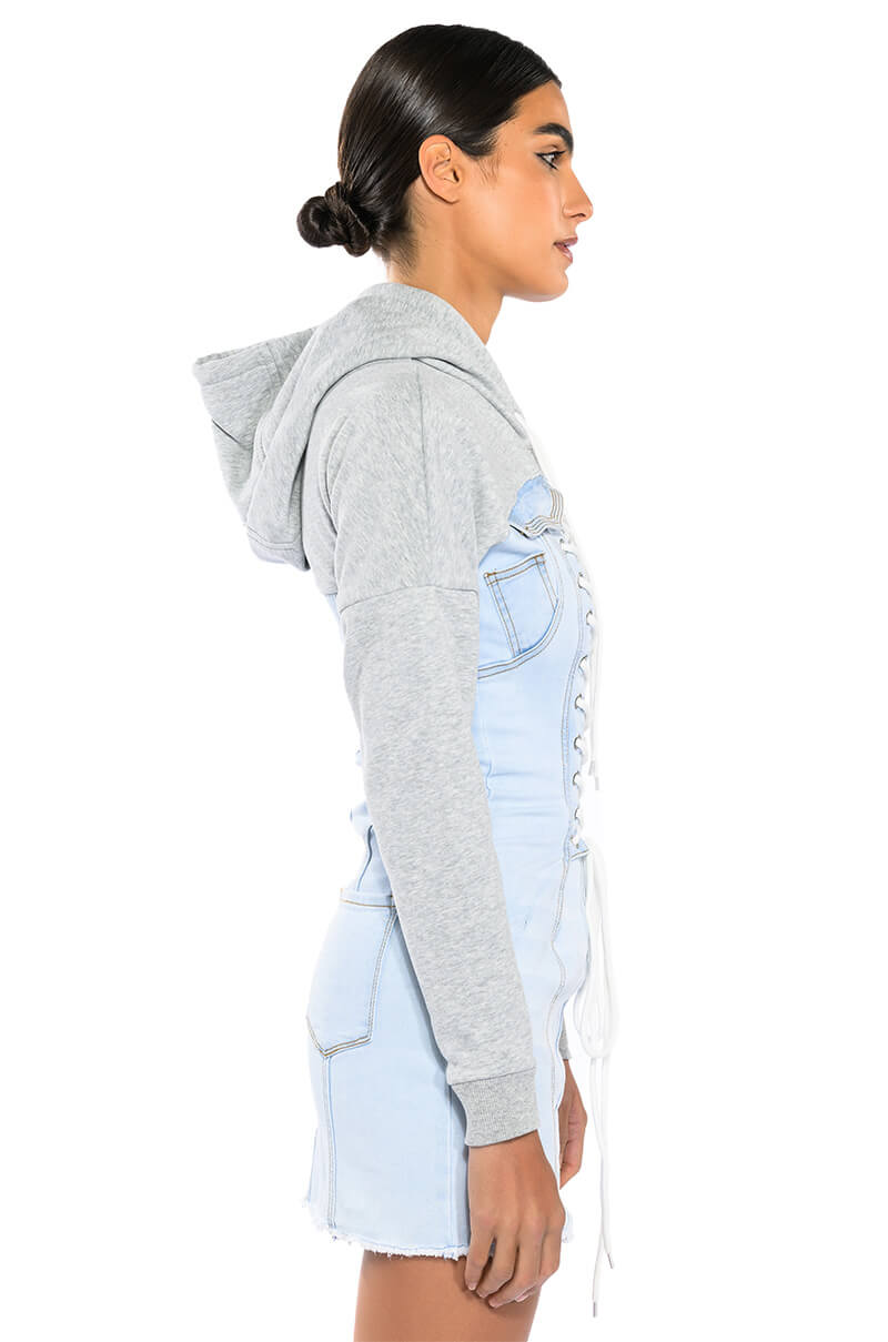 Detail View The Last Word Lace Up Denim Hoodie Mini Dress 6