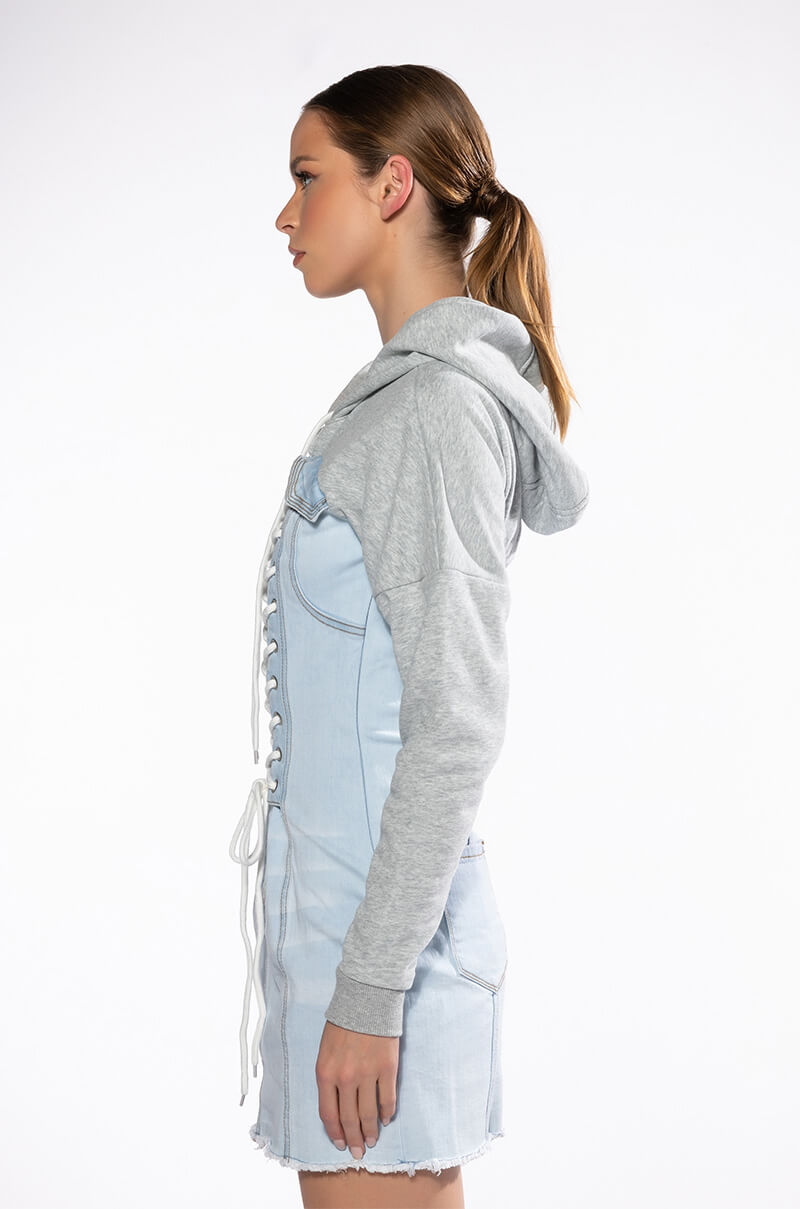 Detail View The Last Word Lace Up Denim Hoodie Mini Dress 7