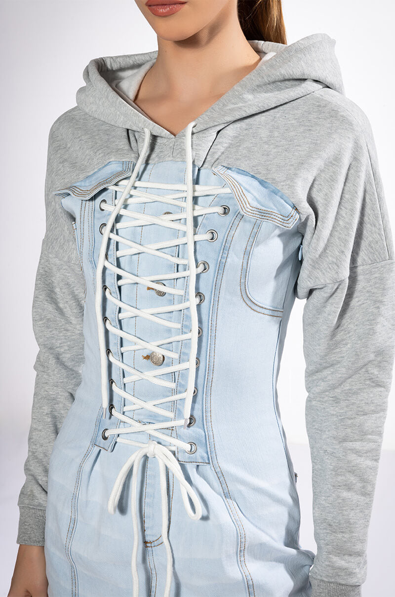 Extra View The Last Word Lace Up Denim Hoodie Mini Dress 11