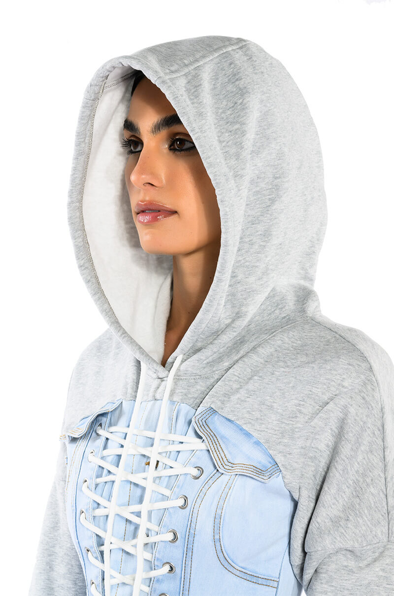 Extra View The Last Word Lace Up Denim Hoodie Mini Dress view 11