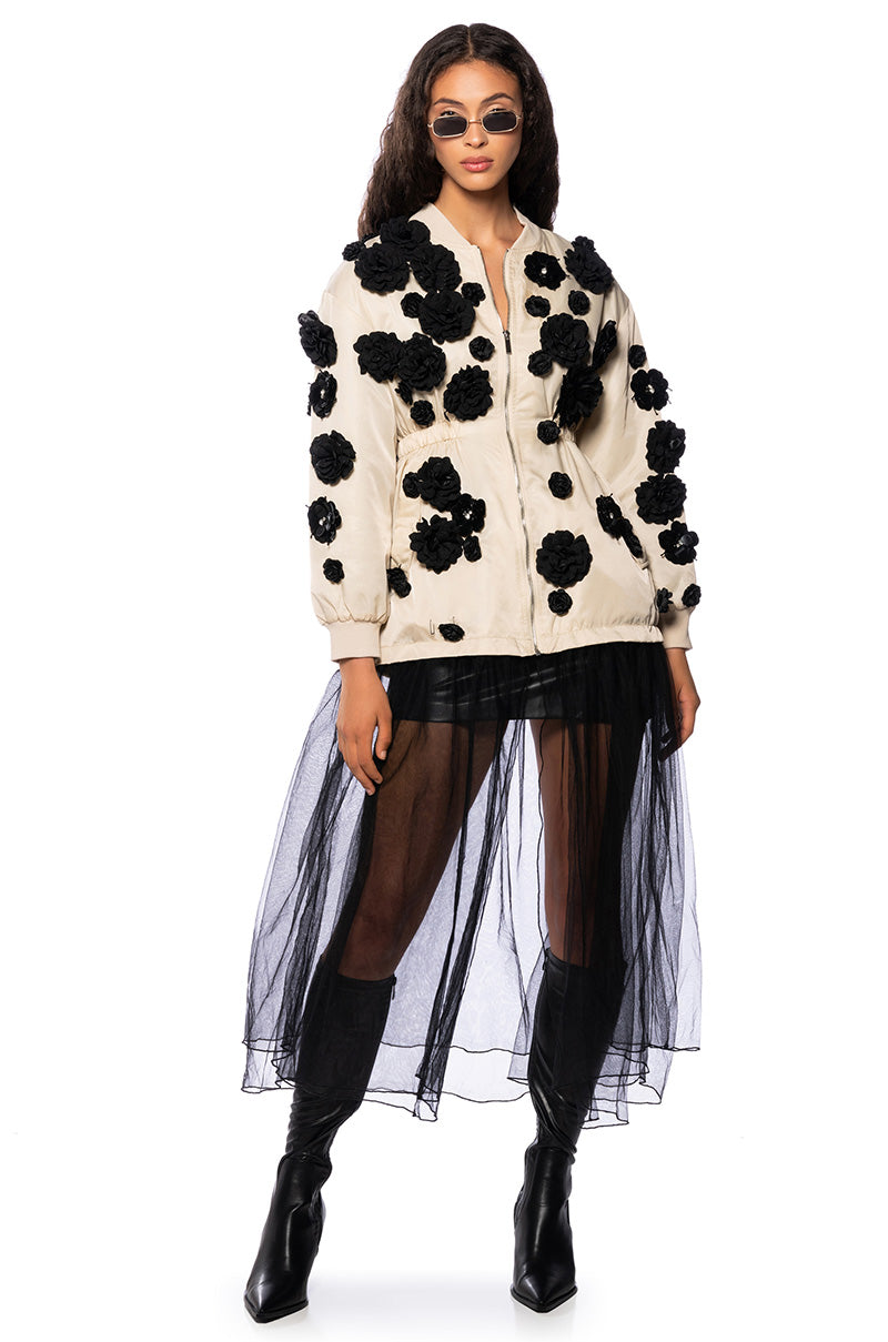 Front View The Luxe Life Sequin Flowers Maxi Bomber Trench