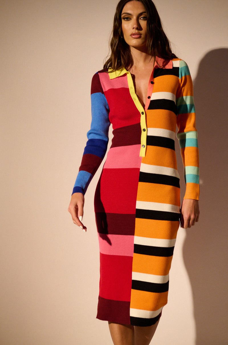 knee length dresses for ladies Multi-Color Striped Color Block Shoulder Tie Maxi Dress – PinkBlush main image 1