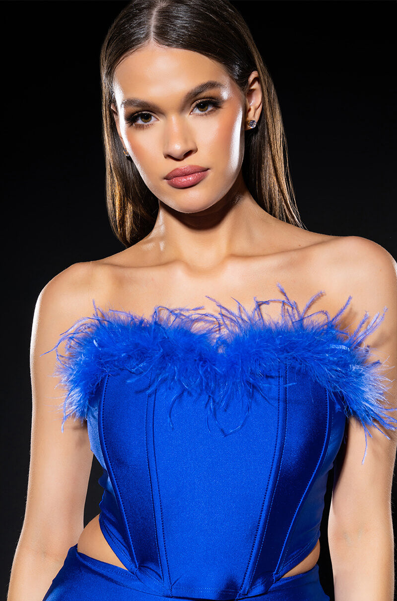 Front View The Moment Feather Detail Corset In Blue