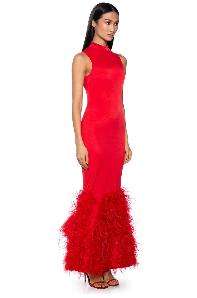 Side View The Moment Mesh Feather Maxi Dress