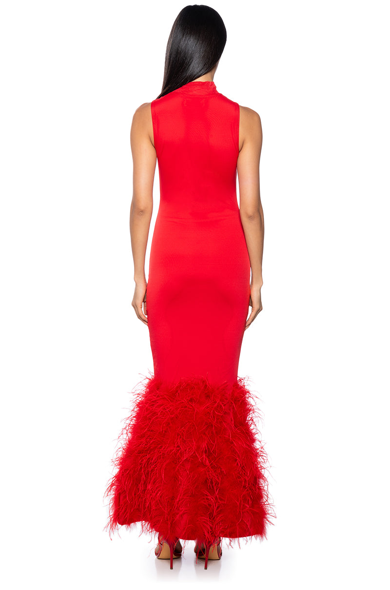 Detail View The Moment Mesh Feather Maxi Dress