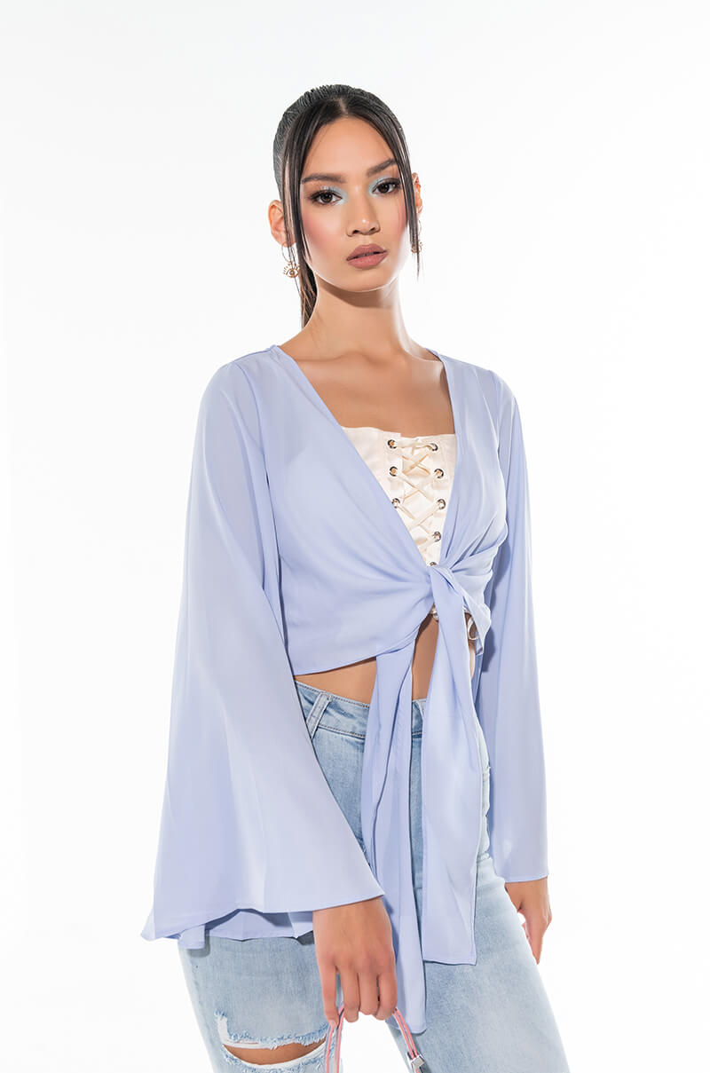 Front View The One And Only Satin Tie Front Butterfly Blouse