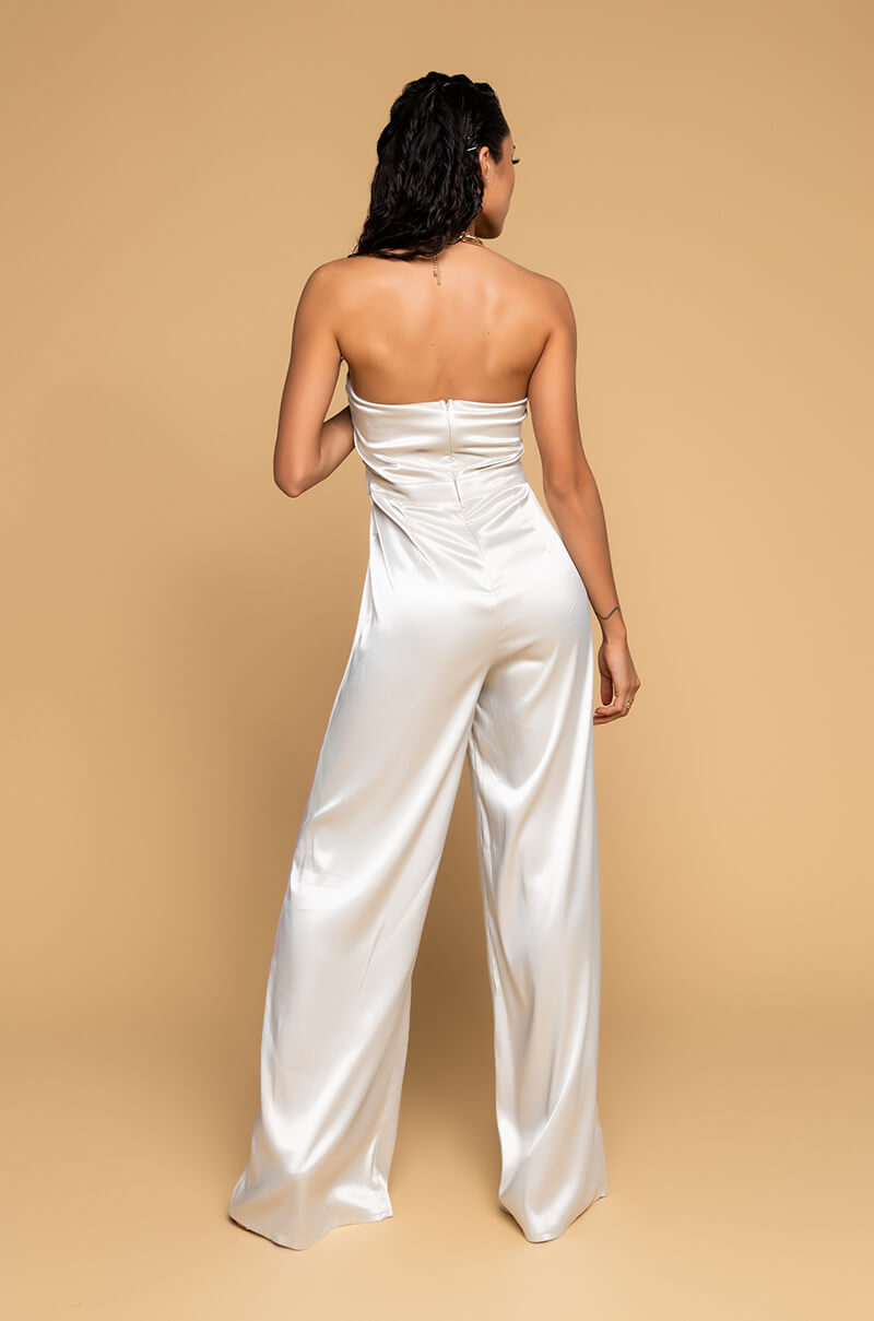 Back View The One And Only Wide Leg Strapless Jumpsuit With Attached Belt in Light Green