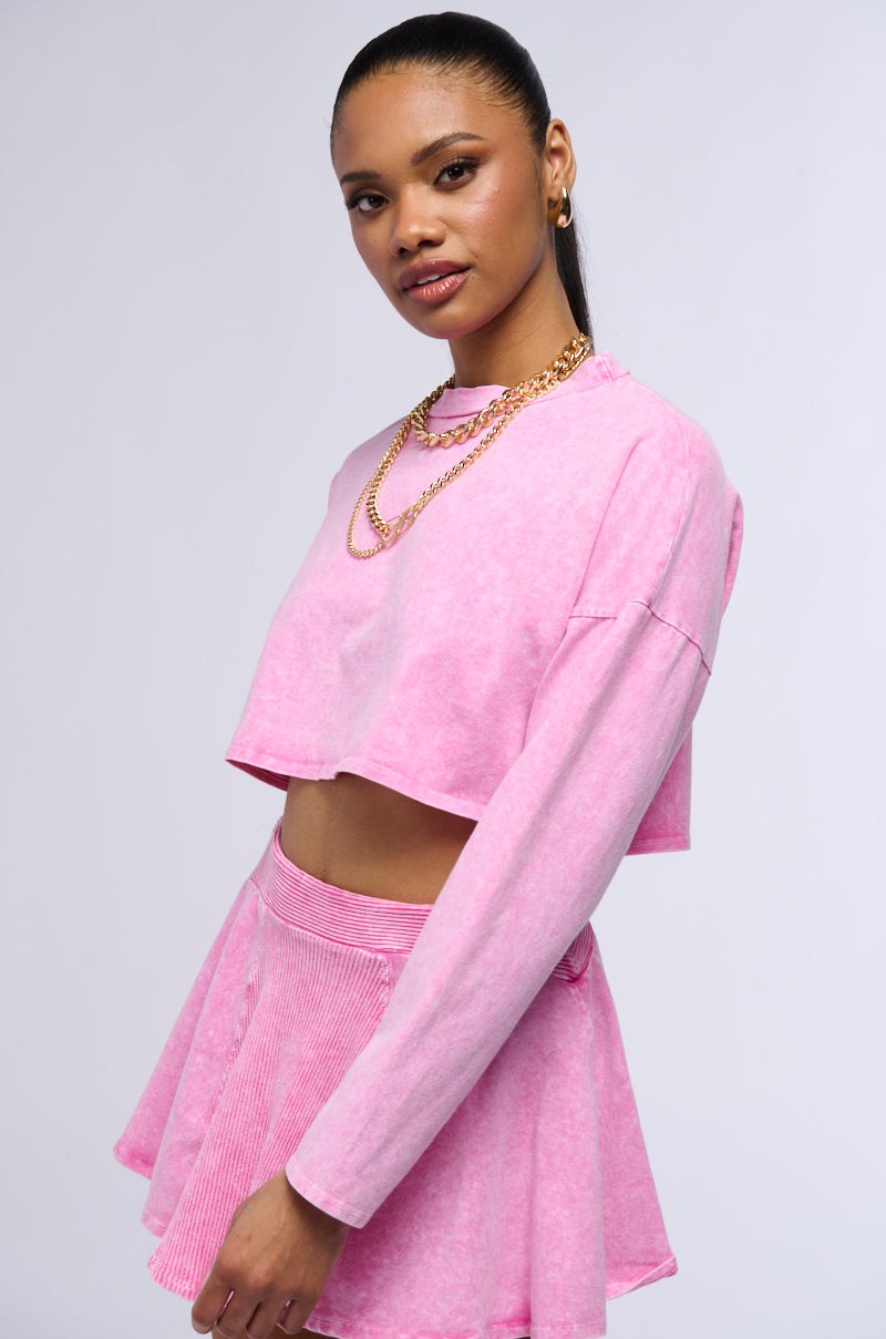 Side View The Pink Cosmos Mineral Wash Cut Off Long Sleeve Tee