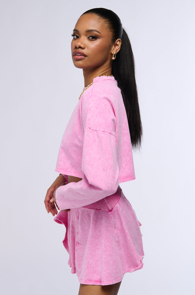 Detail View The Pink Cosmos Mineral Wash Cut Off Long Sleeve Tee