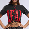 Front View The Real Deal Lace Up Graphic Tee