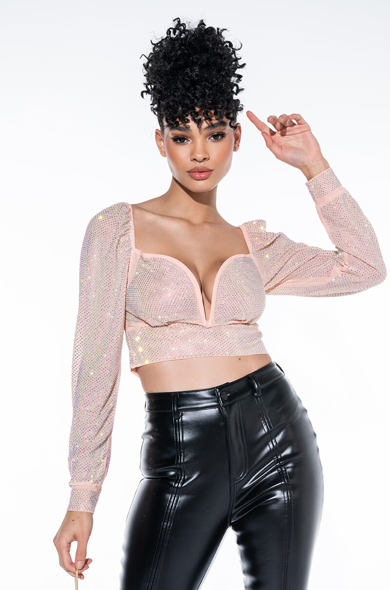 Front View The Show Goes On Rhinestone Mesh Long Sleeve Blouse