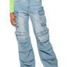 Front View The Ultimate Denim Cargo Pant In Light Blue Denim