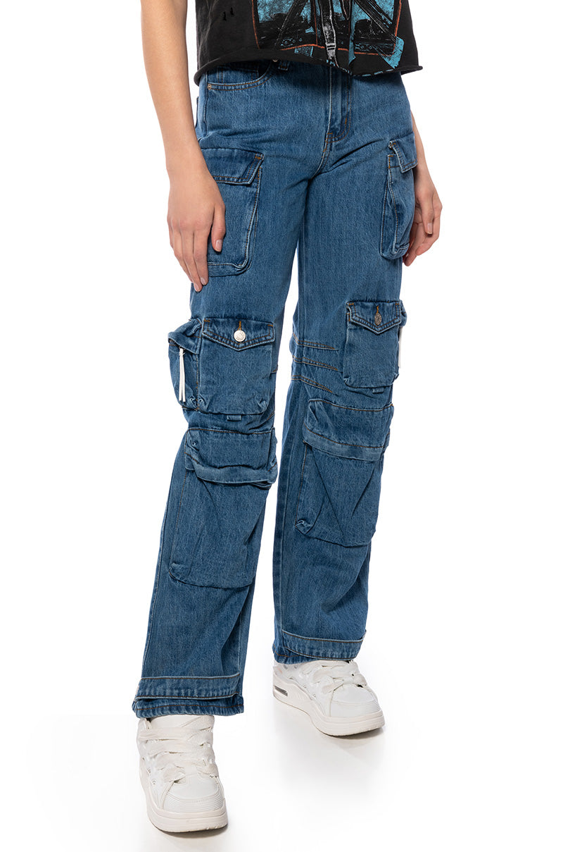 THE ULTIMATE DENIM CARGO PANT IN MEDIUM BLUE DENIM view 0