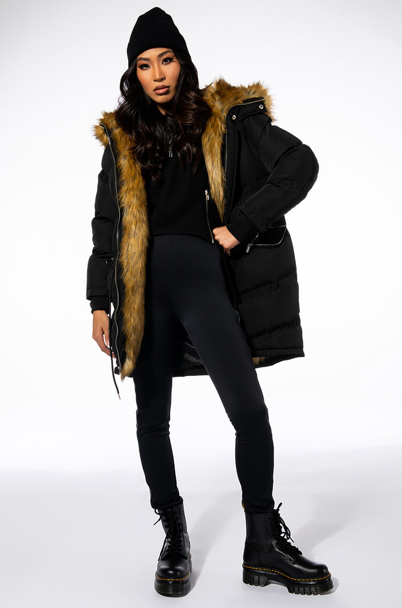 Back View The Ultimate Long Winter Puffer With Faux Fur