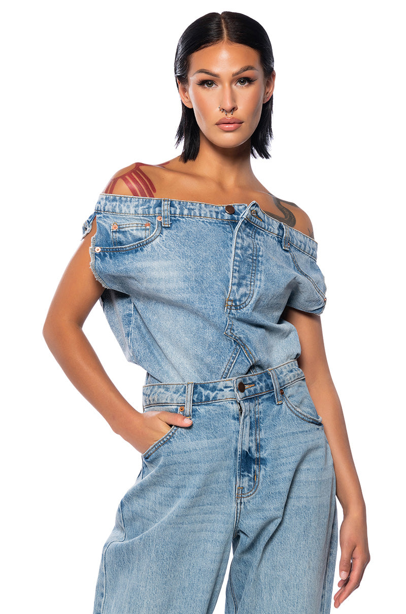 THE WAY I WANT OFF THE SHOULDER DENIM TOP view 0