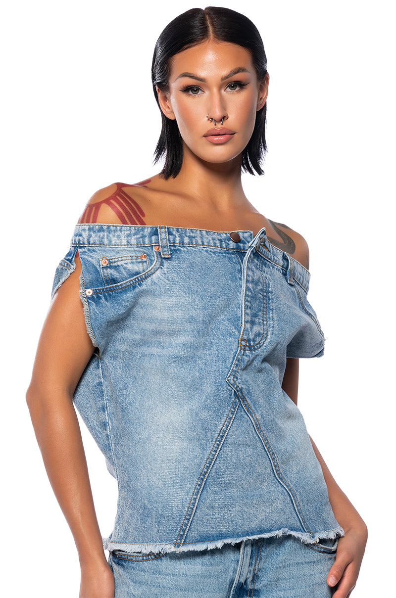Side View The Way I Want Off Shoulder Denim Top