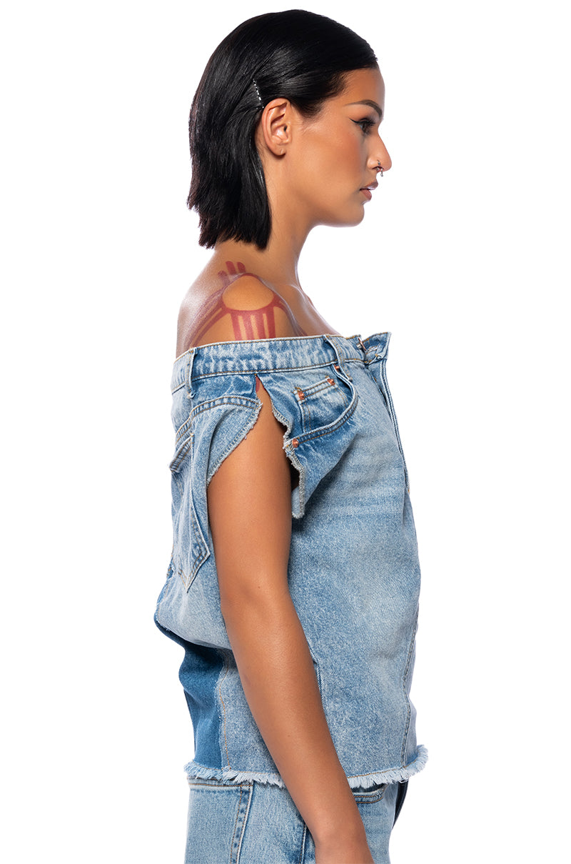 Detail View The Way I Want Off Shoulder Denim Top