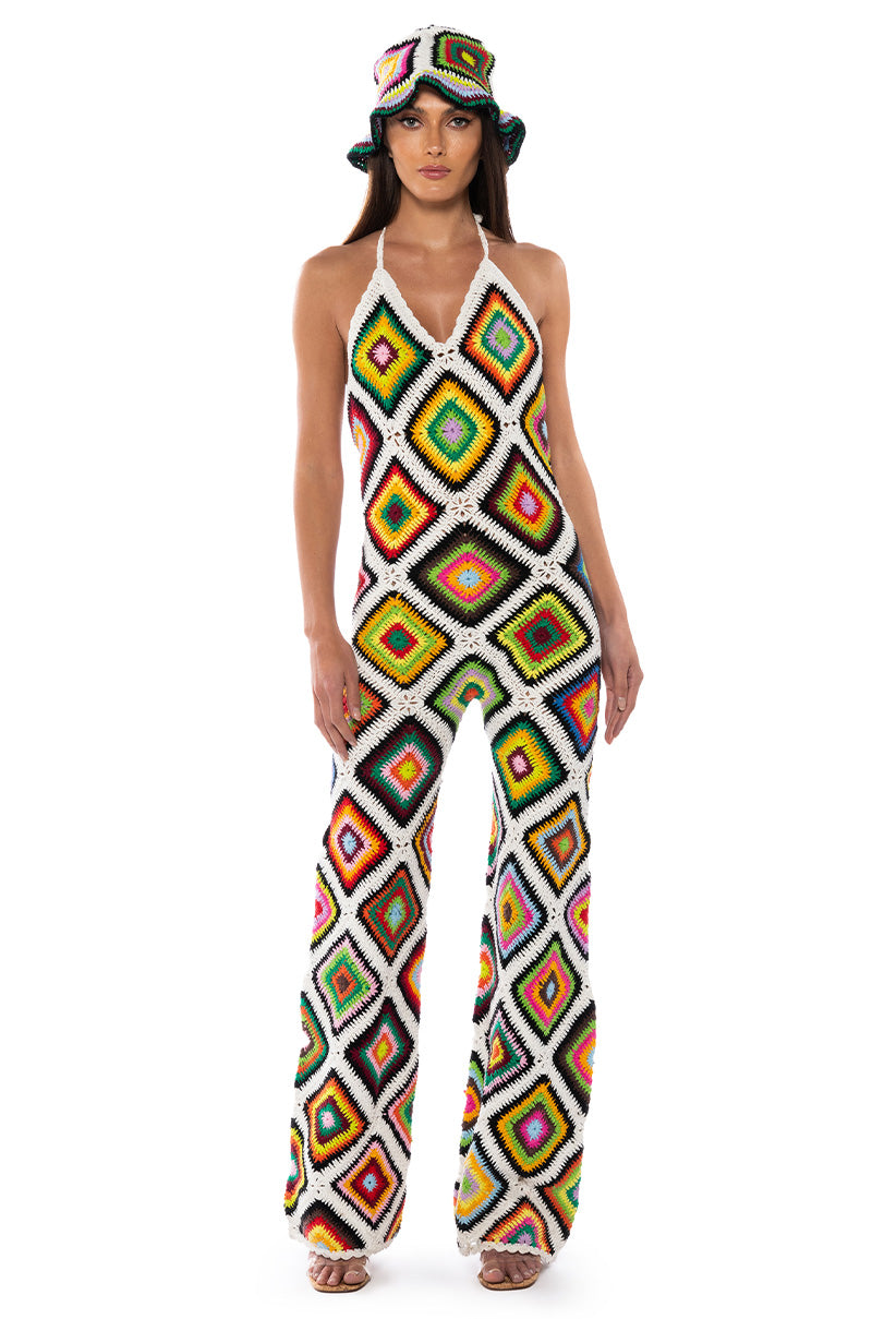 Front View The Way You Groove Crochet Halter Jumpsuit In White Multi