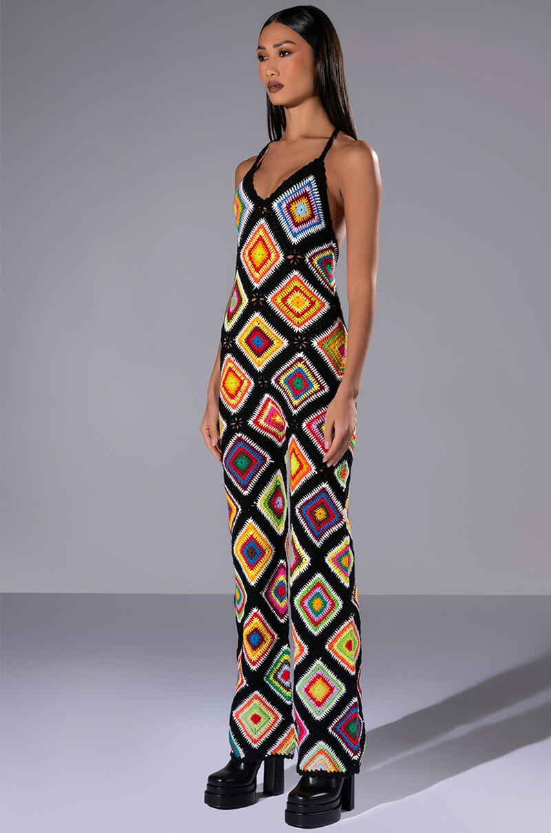 Front View The Way You Groove Crochet Halter Jumpsuit