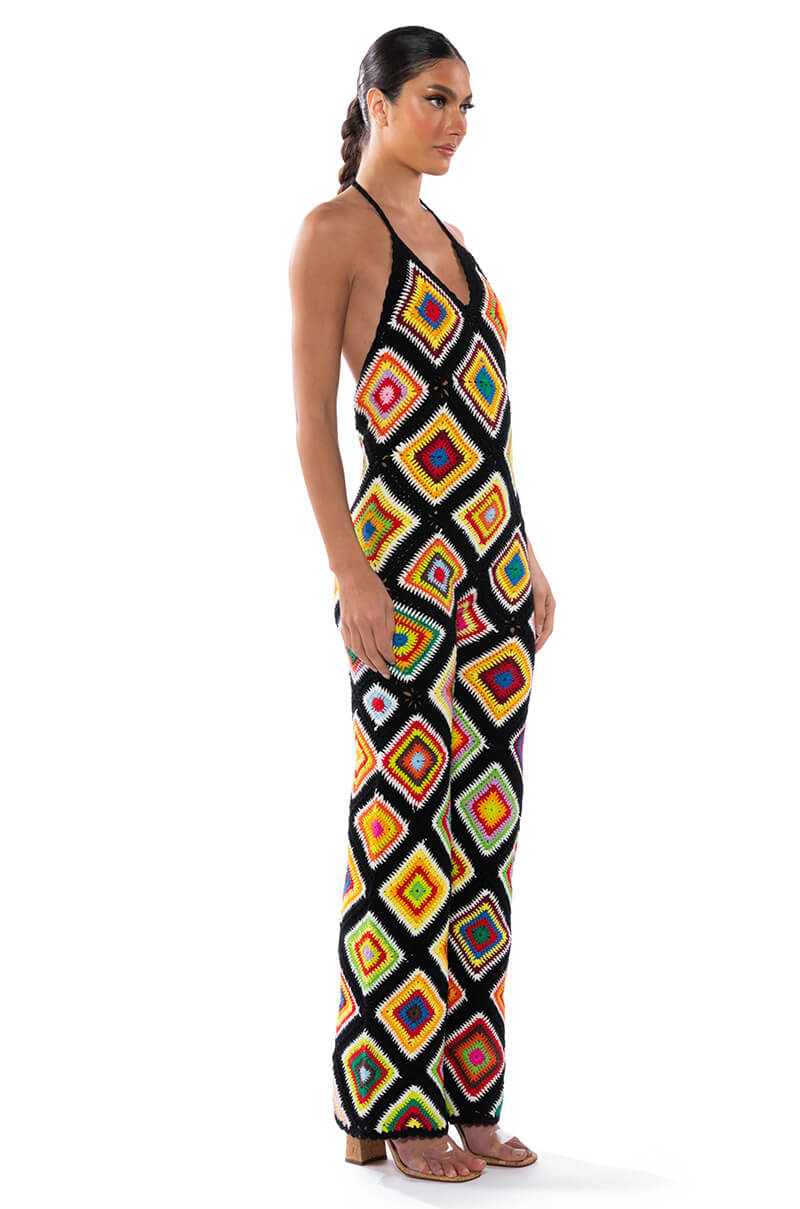 Back View The Way You Groove Crochet Halter Jumpsuit