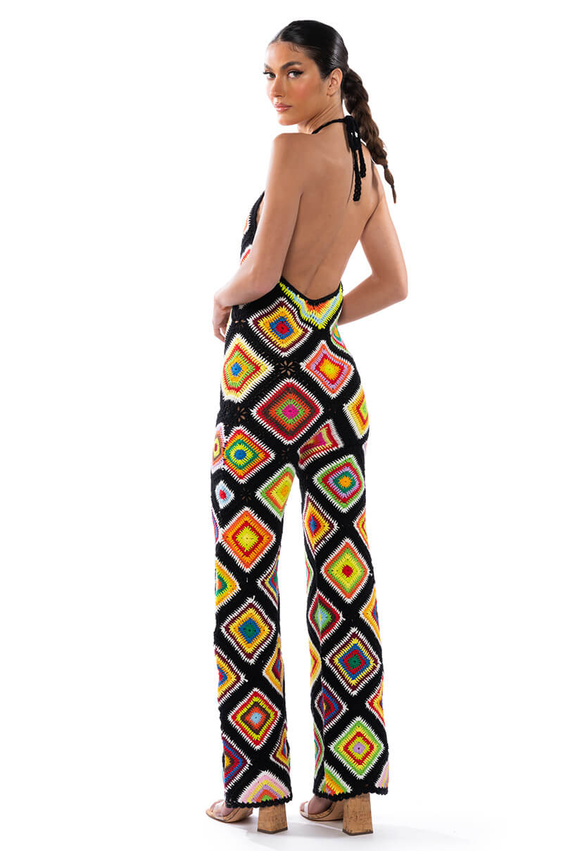 Detail View The Way You Groove Crochet Halter Jumpsuit