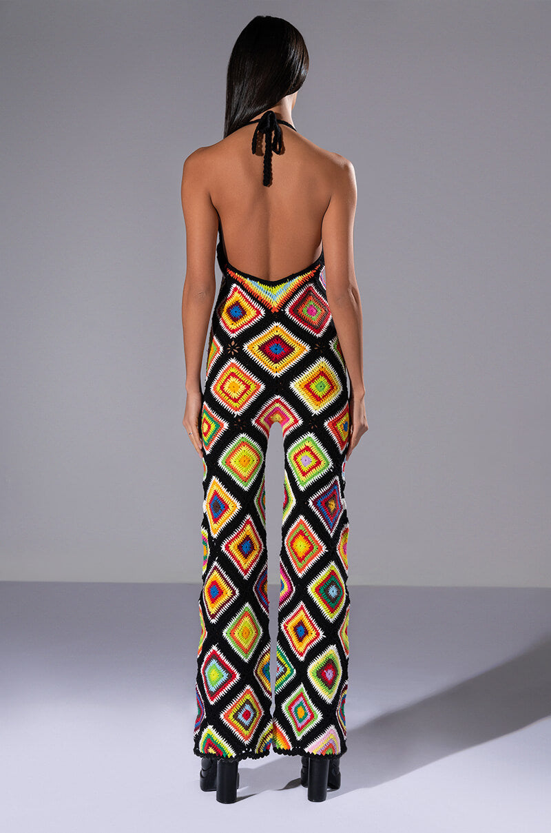 Detail View The Way You Groove Crochet Halter Jumpsuit