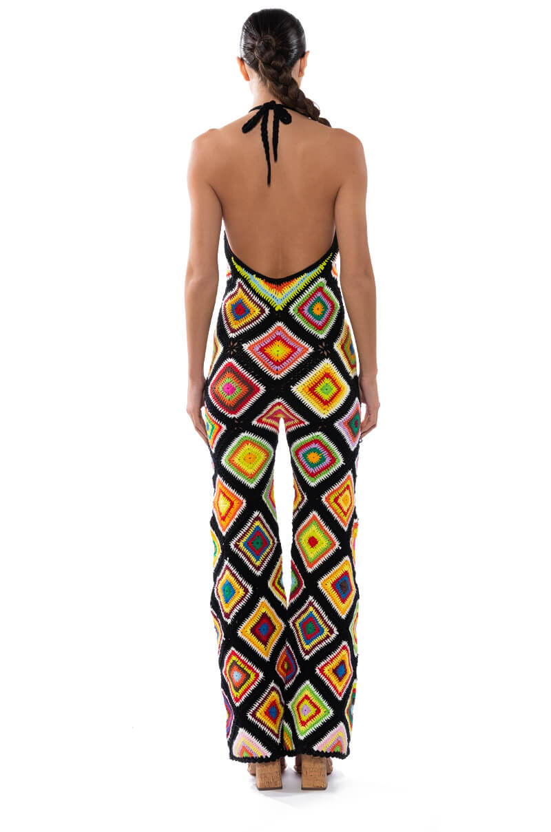 Extra View The Way You Groove Crochet Halter Jumpsuit