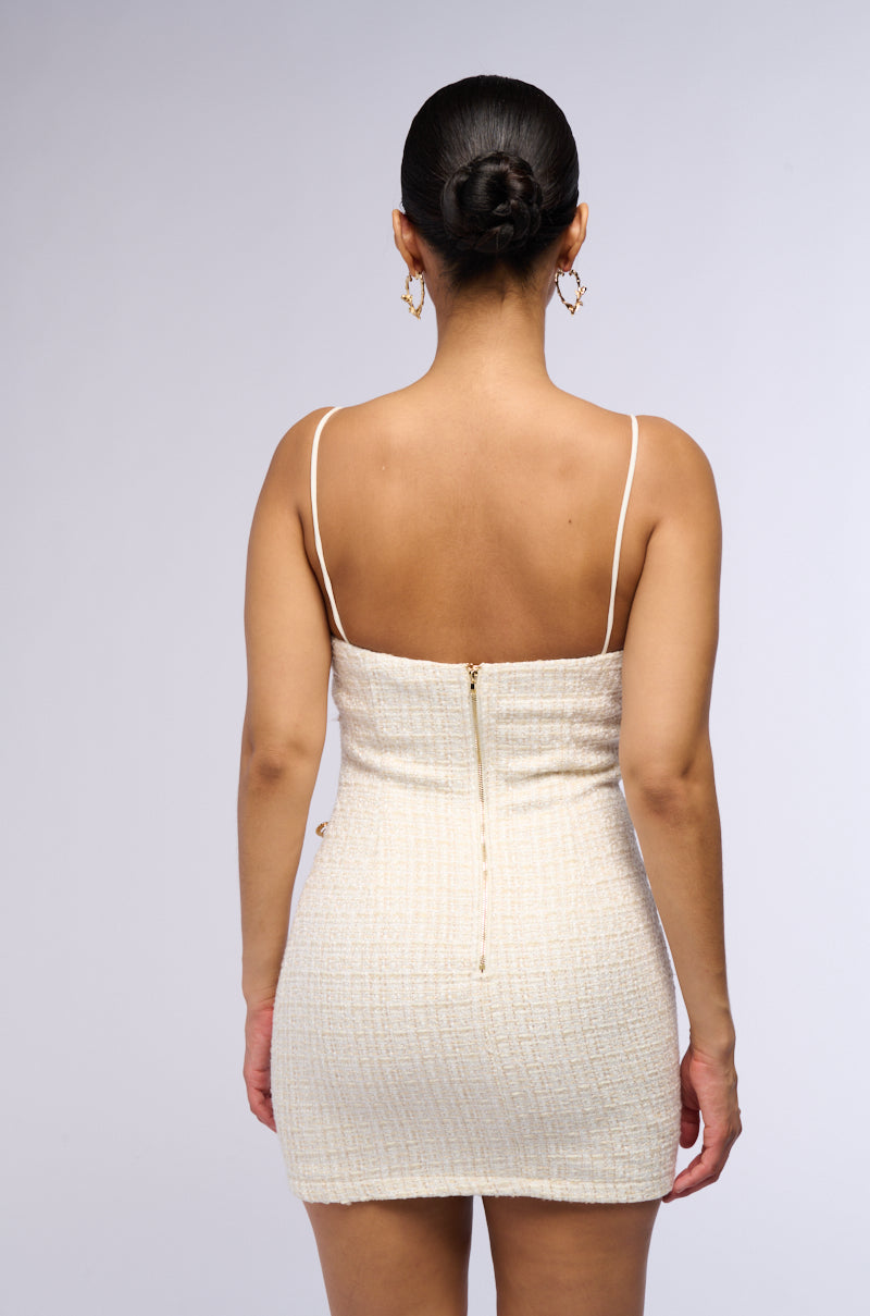THINKING LESS PIN EMBELLISHED TWEED MINI DRESS IN WHITE AKIRA THINKING LESS PIN EMBELLISHED TWEED MINI DRESS IN WHITE AKIRA