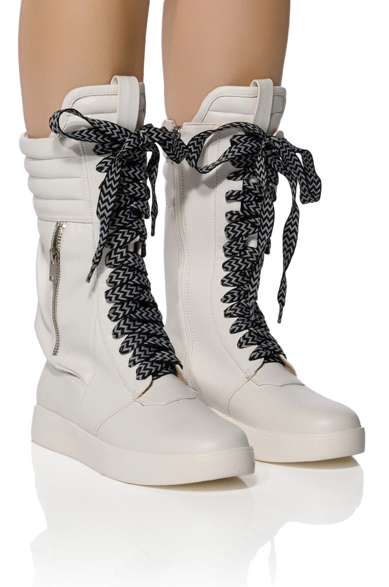 Front View Throw It Back Mid Calf Flat Sneaker In White And Black