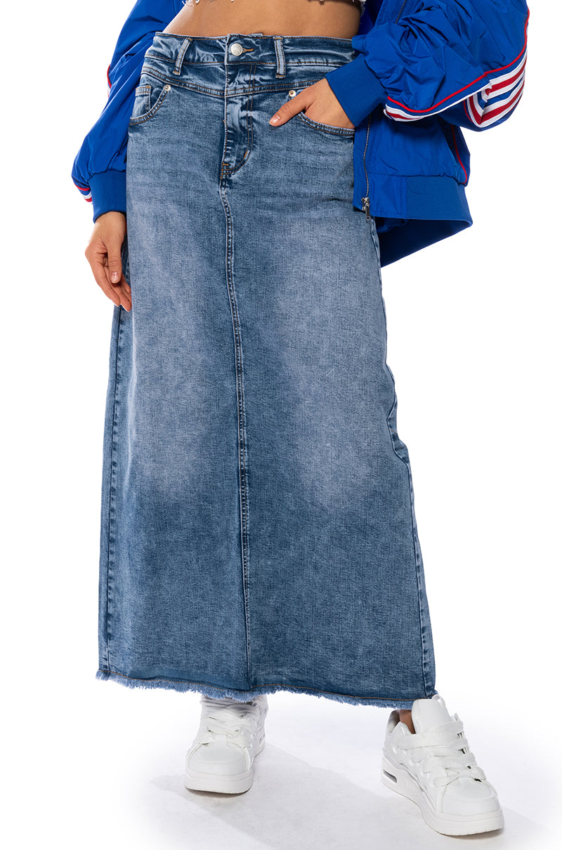 Front View Throwback Denim Maxi Skirt