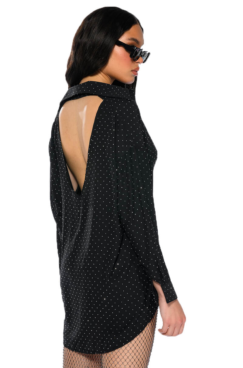 Back View Tia Embellished Open Back Button Up Blouse