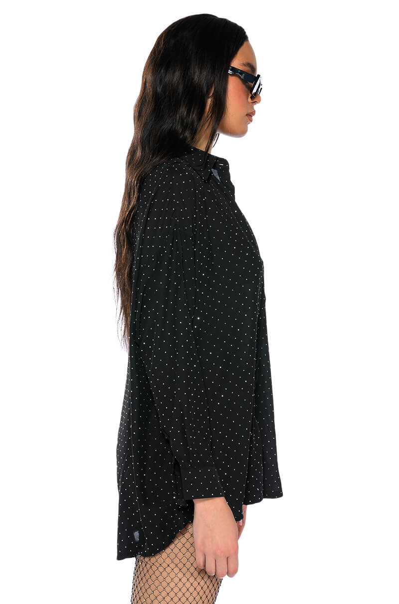 Extra View Tia Embellished Open Back Button Up Blouse