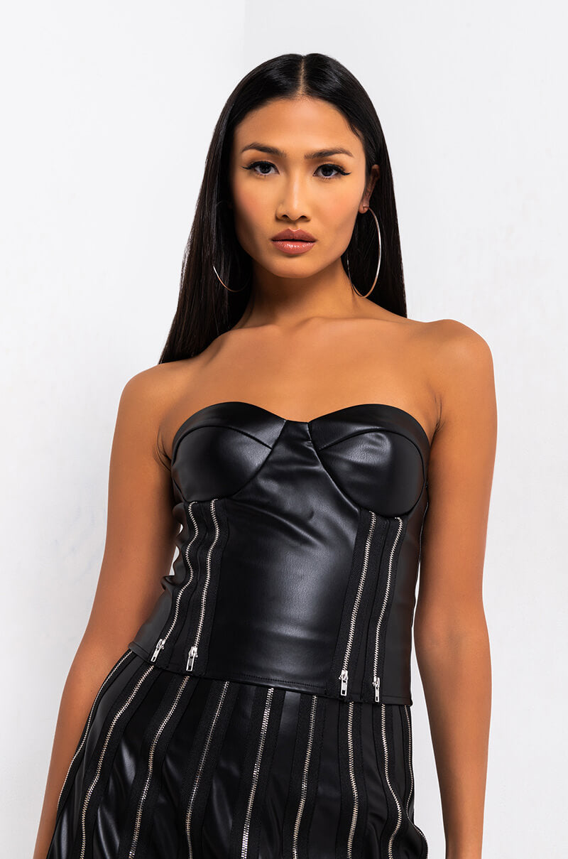 Front View Tiana Pu Zipper Detail Corset in Black