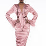 Front View Tie Front Real Feather Satin Midi Dress